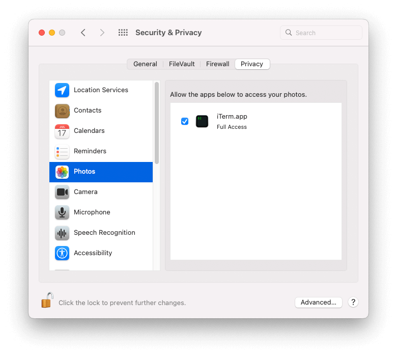 macOS Privacy settings for Photos app