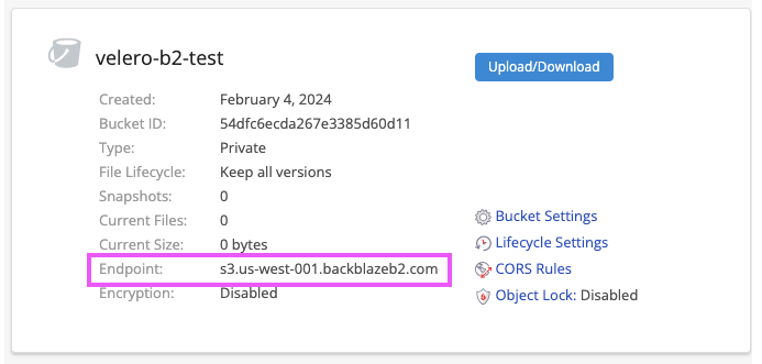 Backblaze B2 bucket information with the endpoint highlighted